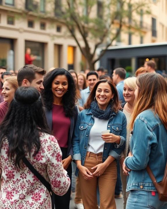 A diverse group of people in an urban setting engaging in supportive conversations, illustrating community and empowerment.