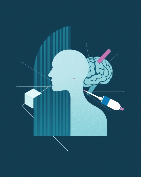 An abstract neo-plasticist artwork representing mental health concepts. At the center, a stylized human figure with no facial details, composed of cool-toned vertical and horizontal lines and partially fragmented, symbolizing depression and trauma. Geometric graphics around this figure represent pharmacoresistance, appearing as stylized barriers. A human brain is depicted with cubic and cylindrical shapes, intersected by lines representing altered neural pathways. A stylized representation of a 'pill' is diagonally placed, appearing deflected from the human figure. Additionally, an element resembling a 'syringe' is directed towards the figure's head, symbolizing innovative treatments like brain stimulation. The overall style is balanced and abstract, without text.