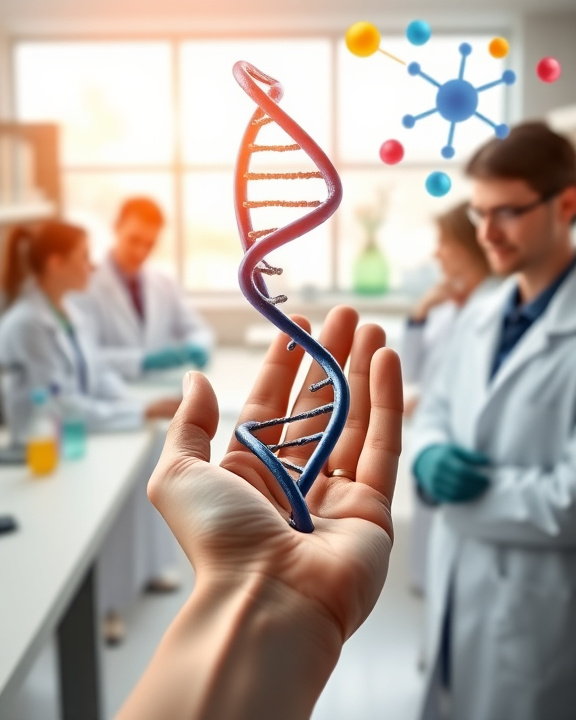 An artistic representation of precision medicine in mental health. The foreground shows a close-up of a human hand holding a DNA double helix, symbolizing genetic research. A laboratory setting with various scientific instruments and test tubes is present in the background, representing pharmacogenomics. The atmosphere is bright and hopeful, highlighting the scientists' expressions.