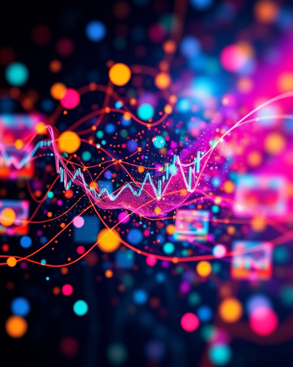 A dark background with abstract light lines and dots in blue, pink, and yellow. Wave-shaped lines show a stock graph. Many square shapes with lines and dots are placed randomly.