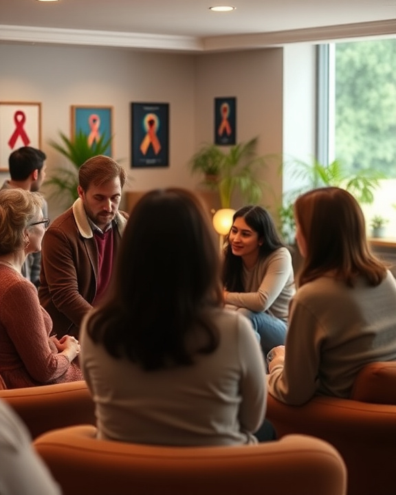 A diverse group of people sit in a circle, engaged in conversation, with some smiling and making eye contact, within a comfortable and brightly lit room adorned with potted plants and artwork.
