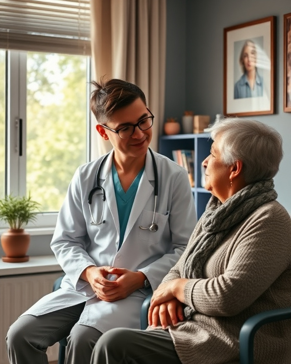 A young male doctor with glasses and a stethoscope around his neck sits facing an elderly woman. They are engaged in a conversation, and both are smiling warmly in a clinical setting with a potted plant and framed pictures visible in the background.