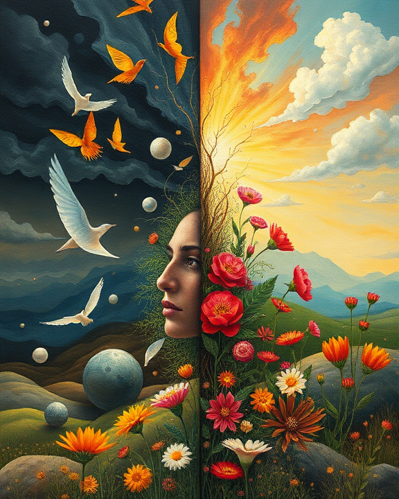 Abstract art with a woman's profile and elements of nature