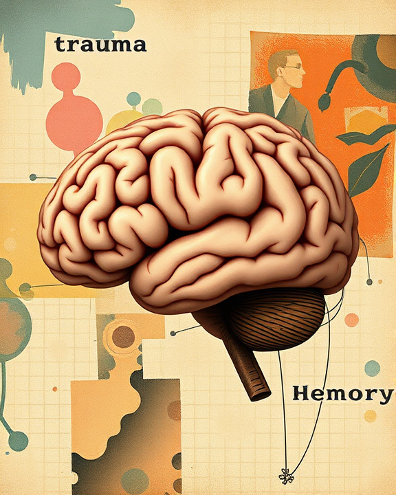 Brain illustration with 'trauma' and 'memory' labels