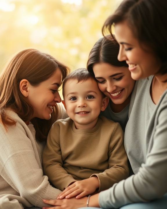 Smiling women embracing a child