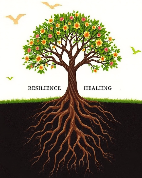 A tree with Resilience and Healing written by its roots.