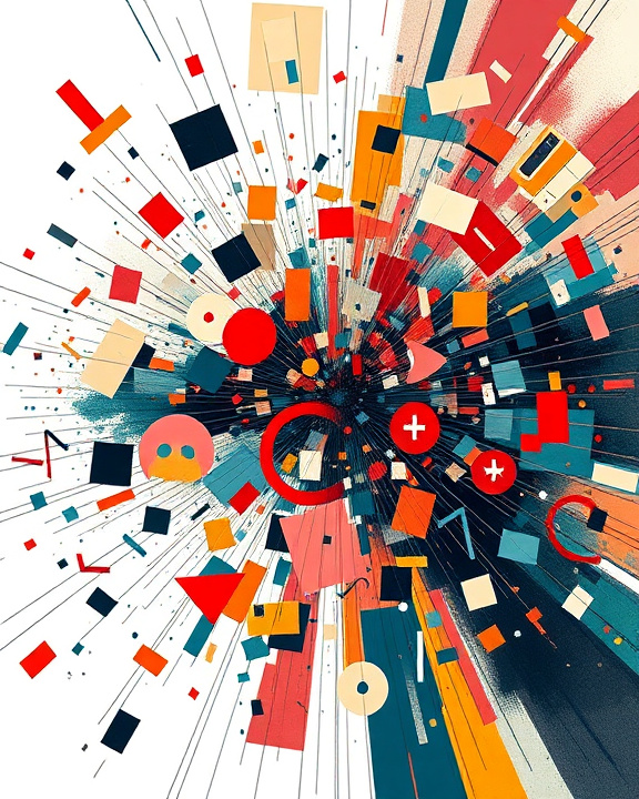 Immagine astratta raffigurante una esplosione di forme e colori, simboleggiando la dinamicit&agrave; e la complessit&agrave; del pensiero e del dialogo.