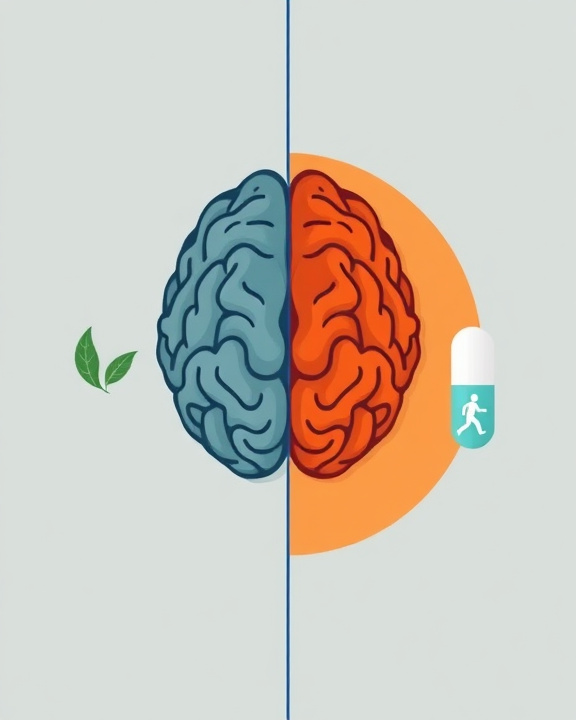 Brain split in two with leaves on one side and a pill with a running person on the other.
