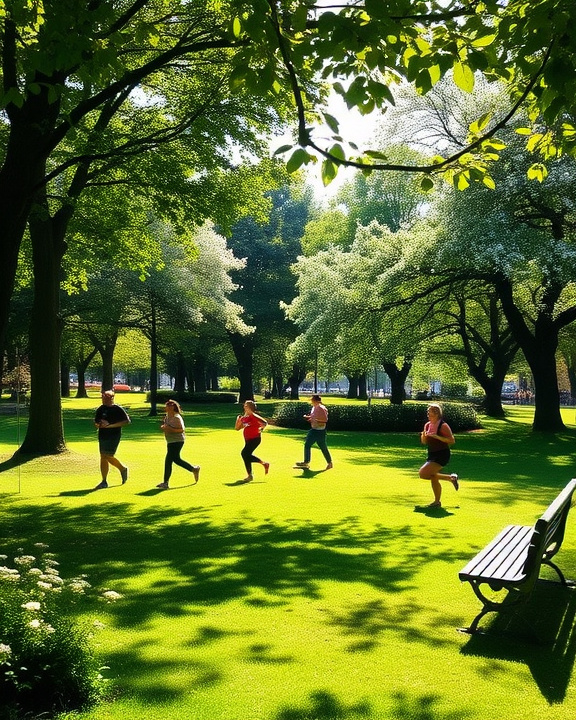People running in a park.