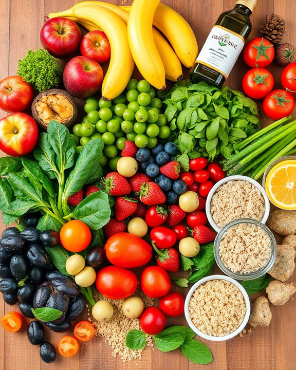 A variety of fresh fruits, vegetables, olive oil, and oats.