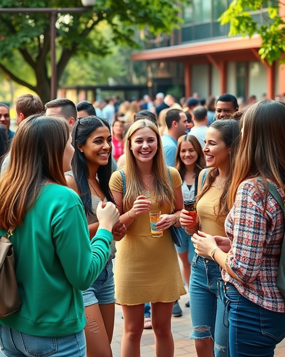 A vibrant scene showing a group of young adults engaging in an outdoor social event