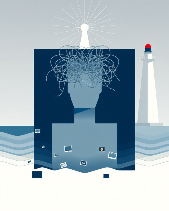 An iconic artistic representation inspired by neoplastic and constructivist art styles. The composition features pure and rational geometric shapes, dominated by vertical and horizontal lines, using a cool desaturated color palette. At the center, there is a stylized human figure made of rectangles and lines, symbolizing an individual surrounded by a tangle of lines representing anxiety and mental confusion, with a larger shape in dark blue symbolizing the ocean of digital misinformation and icons of fake news.