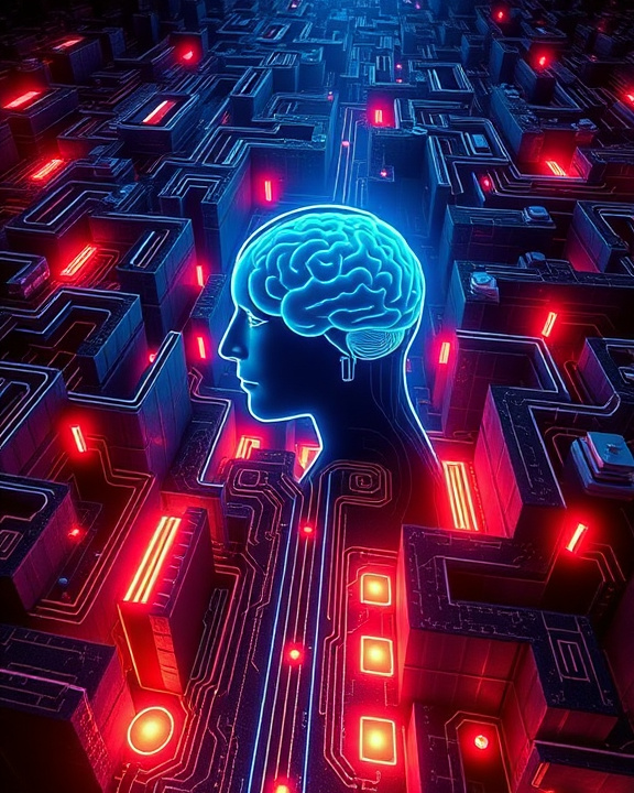 Un cervello umano immerso in un ambiente tecnologico