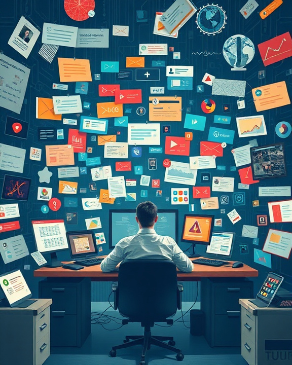 Un uomo seduto davanti a vari schermi è sommerso da un mare di notifiche digitali.