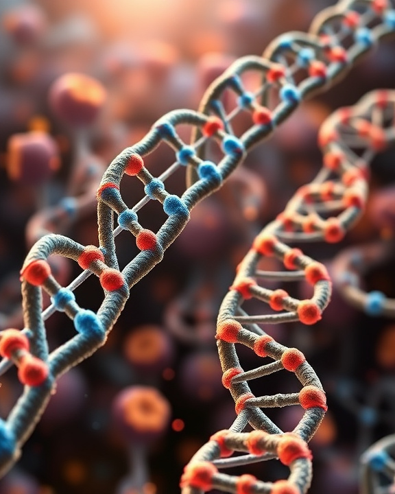 Dettaglio di molecole di DNA rappresentate con filamenti a doppia elica, con sfere rosse e blu che indicano i nucleotidi. Le molecole sono immerse in un ambiente biologico sfocato con ulteriori strutture cellulari sullo sfondo.