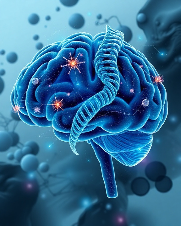 Immagine di un cervello stilizzato con neuroni e connessioni che si illuminano, rappresentando l'attivit&agrave; cerebrale. Fluttuanti sullo sfondo, molecole di DNA suggeriscono il collegamento tra genetica e funzione cerebrale, immerso in un'atmosfera futuristica e tecnologica con elementi astratti di luce e particelle.