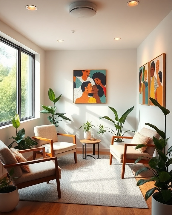 A serene mental health therapy room with soothing ambiance and diverse decor.