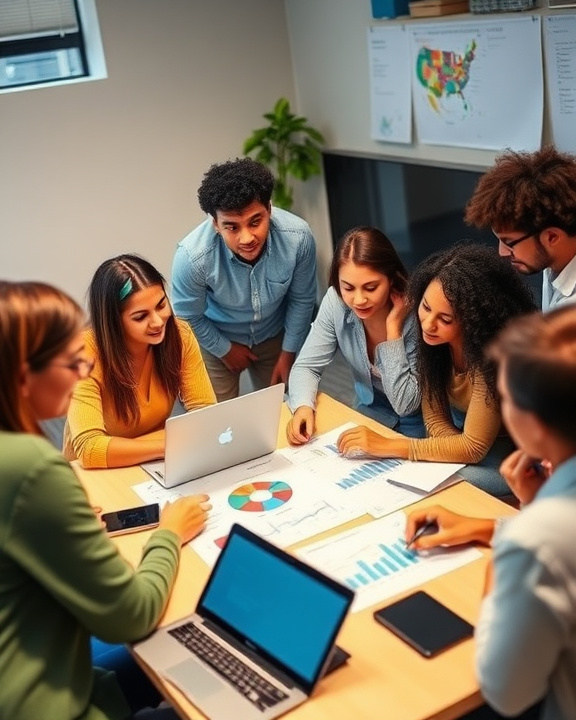 A diverse group of people discussing data and technology in a collaborative setting.