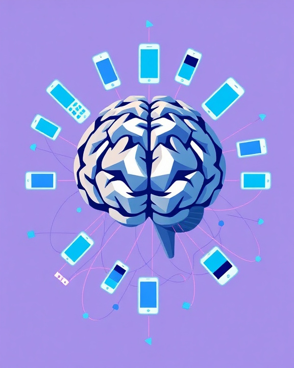 A brain surrounded by smartphones, illustrating digital dependence.
