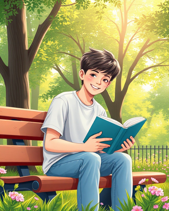 A young man sitting on a park bench, reading a book, symbolizing a return to nature and inner peace.