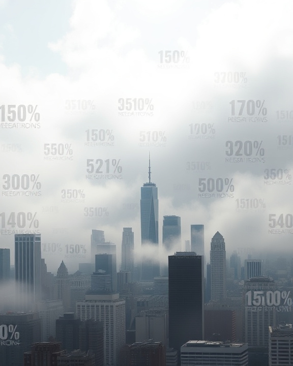 A visual metaphor for the distorted perception of reality caused by media bias, showing a cityscape partially obscured by a foggy atmosphere filled with negative news headlines and statistics. The skyline should be contrasted with bright elements to represent untold positive aspects of life, signifying the imbalance in media representation.