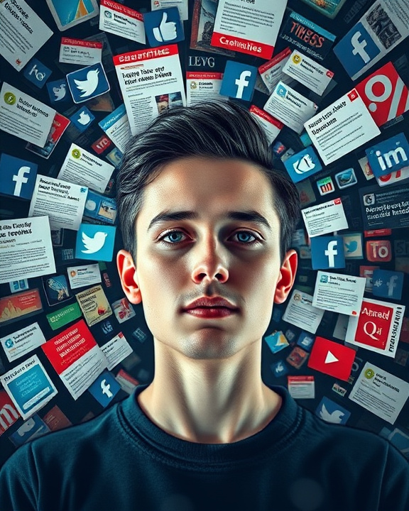 An artistic representation of modern media consumption, featuring a person surrounded by swirling images of alarming news articles, social media notifications, and notifications. The design should depict a sense of anxiety and information overload, with a contrasting calmness in the person's expression to illustrate the impact of media on mental health.