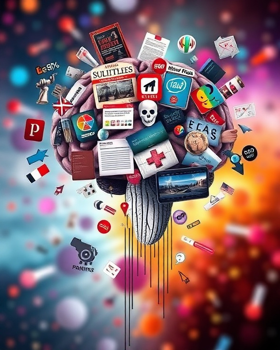 A conceptual representation of cognitive bias, illustrating the idea of availability bias with visual elements like a brain filled with media images, statistics, news headlines, and emotional expressions such as anxiety and fear.