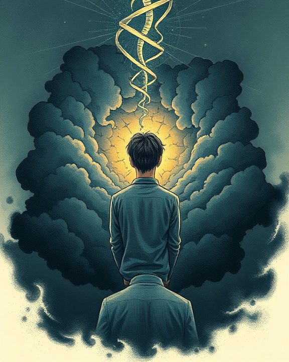 An illustration depicting the psychological effects of negative news consumption, showing a person surrounded by dark clouds of anxiety and overwhelming predictions.