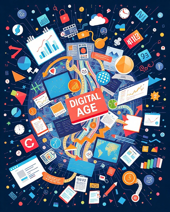 A chaotic flow of information representing the digital age with data, charts, and news predictions.