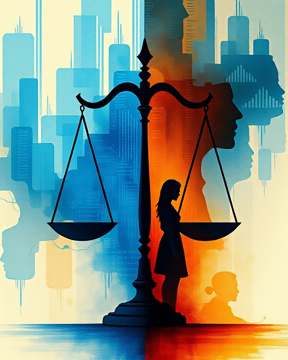 Scales of justice with human figures and city skyline