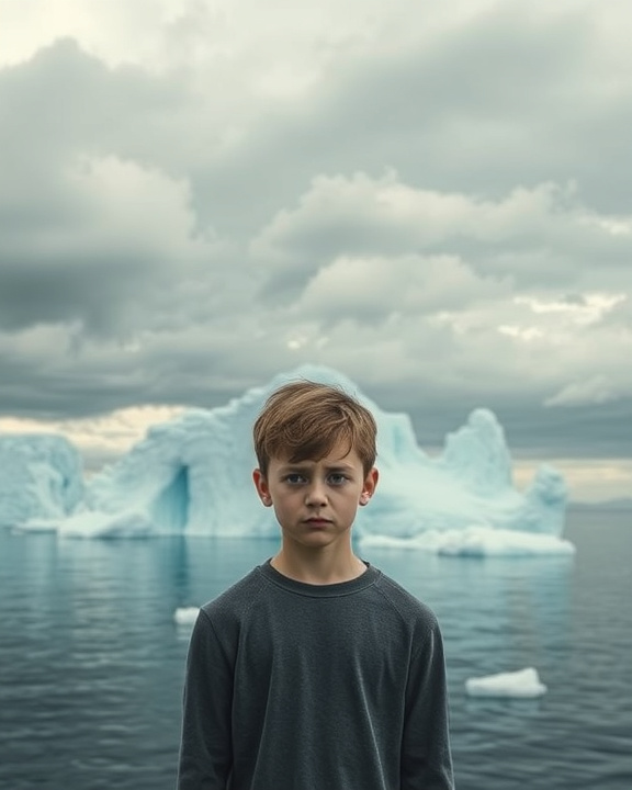 A young boy with a serious expression stands in front of a body of water with large icebergs.