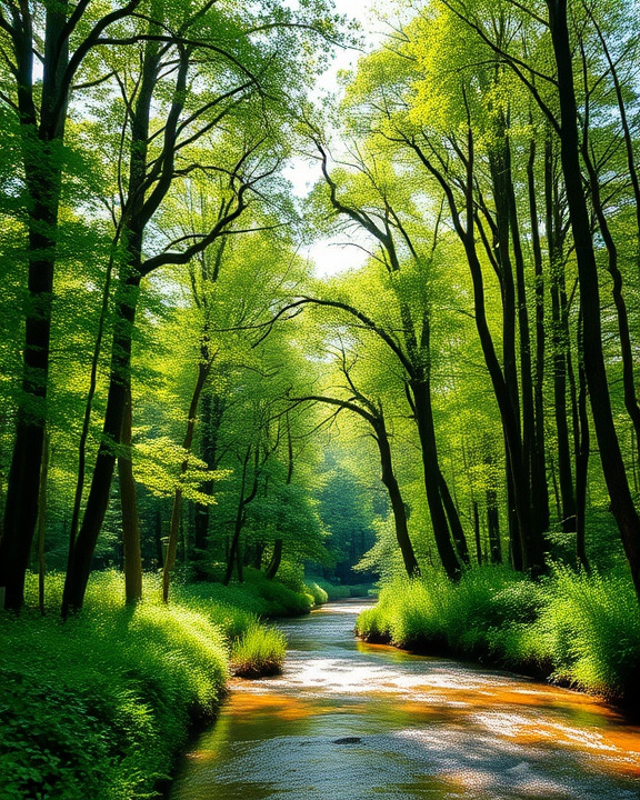 A river flowing through a lush green forest, with dappled sunlight on the water and trees.