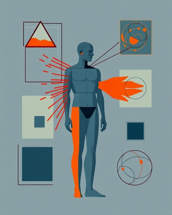 Rappresentazione grafica della connessione tra mente e corpo nel dolore cronico, con elementi visivi che simboleggiano l'infiammazione, lo stress e la sensibilizzazione nervosa.