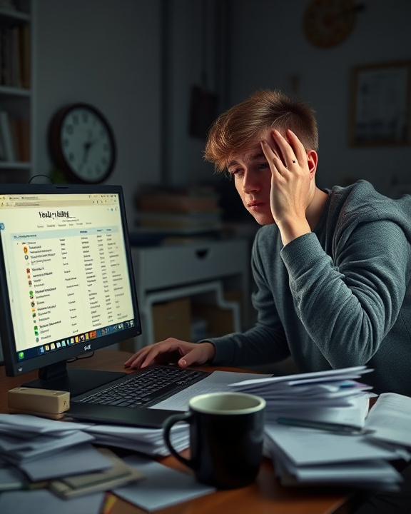 A young adult feeling stressed while looking at job listings on a computer, with a cluttered desk and coffee cup, representing job instability and anxiety.