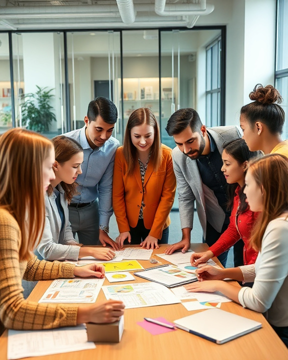 Gruppo di colleghi che studiano documenti al tavolo.