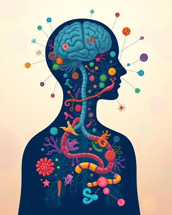 Illustrazione del legame tra microbiota intestinale e umore, con un cervello al centro circondato da microrganismi e un intestino stilizzato collegato.