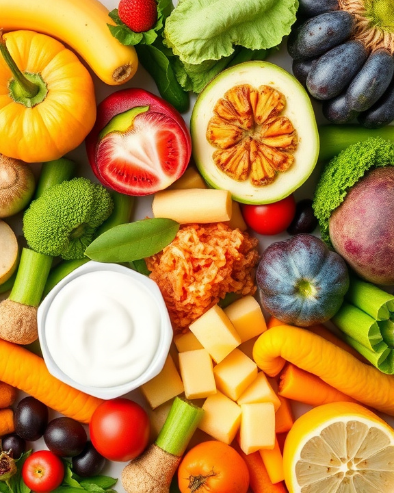 Ampia variet&agrave; di frutta, verdura e alimenti fermentati come yogurt e formaggio a cubetti, disposti in modo appetitoso su una superficie.