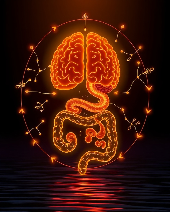 Illustrazione di un cervello e un intestino collegati da un ciclo di frecce scintillanti, simboleggiando la comunicazione bidirezionale dell'asse intestino-cervello.