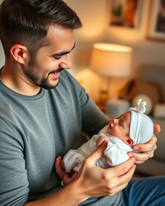 A smiling father holding his newborn baby securely in his arms, his face tenderly looking down at the infant. The baby is swaddled in white, peacefully asleep. The background is softly blurred, showing a warm, home environment.