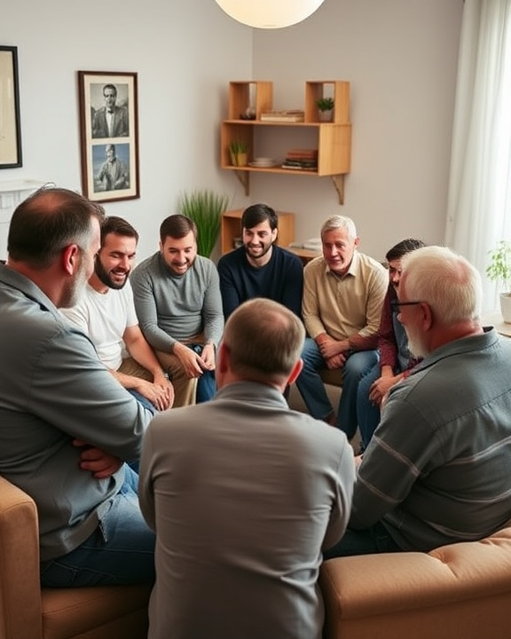 A group of men of various ages gathered in a casual setting, engaged in conversation. They appear to be part of a support group, fostering community and validation among fathers.