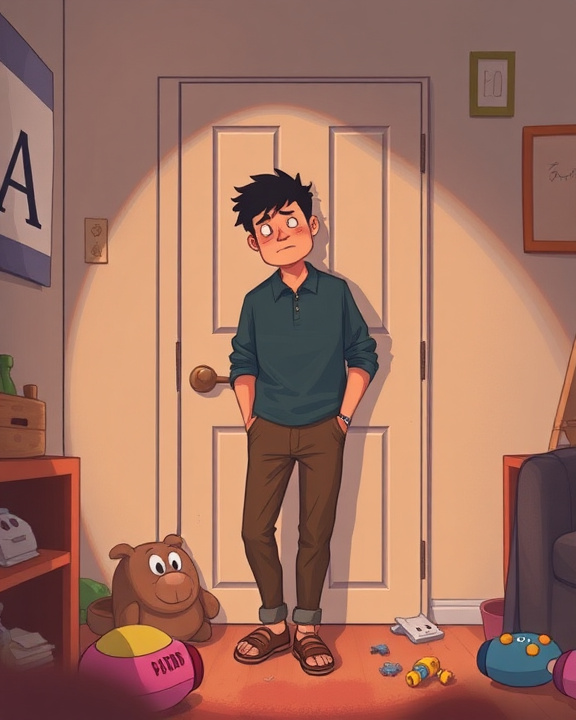 An illustration of a man standing in a child's room, surrounded by toys, looking thoughtful or overwhelmed. He is a primary caregiver, experiencing post-partum depression.