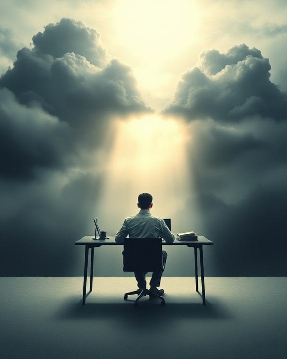 An abstract representation of psychological distress in a workplace, capturing the essence of anxiety and stress amid hopes of recovery.