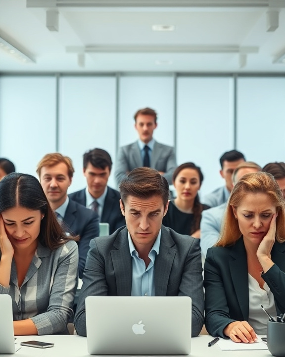 A group of professionals displaying stress in a modern office environment, symbolizing the concept of quiet firing.