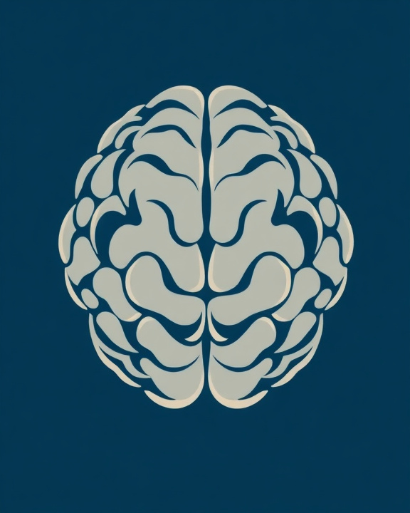 Un'immagine iconica e stilizzata ispirata all'arte neoplastica e costruttivista. Il centro della composizione &egrave; un cervello umano stilizzato con forme geometriche pure e razionali, predominano linee verticali e orizzontali in una palette di colori freddi e desaturati.