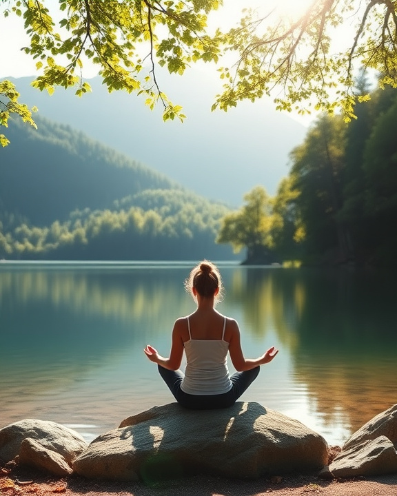 Woman meditating by a lake