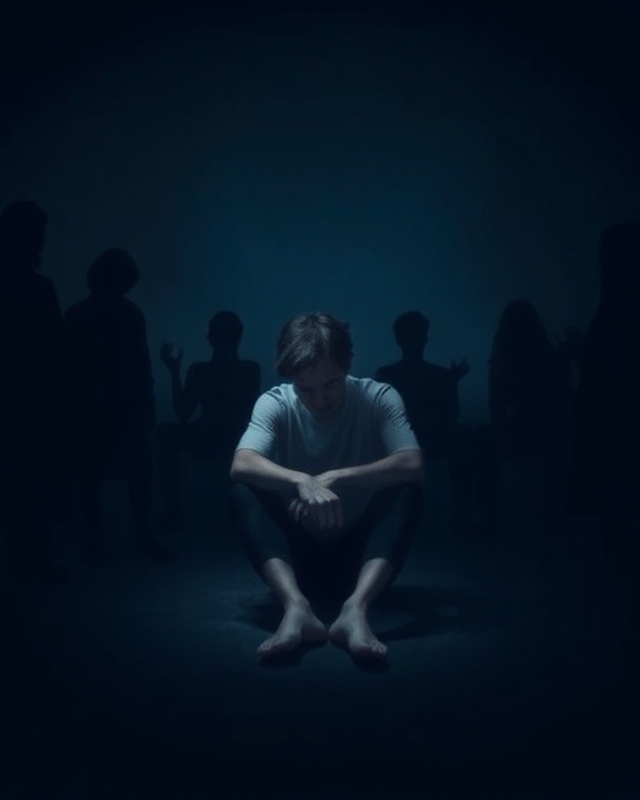 Person sitting on the floor surrounded by shadowy figures.