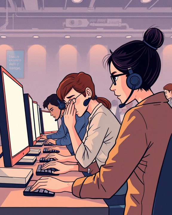 Two women sitting at computers, one of whom is crying and being comforted by the other.