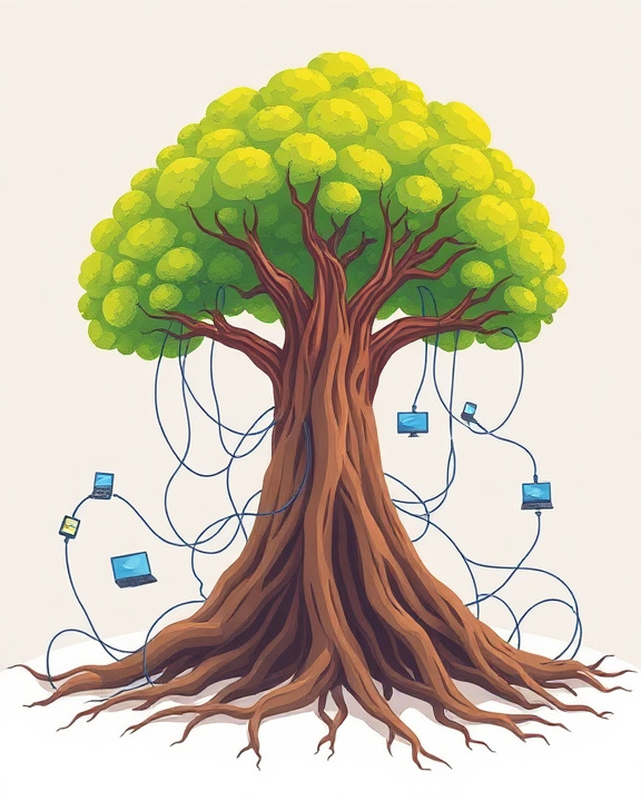 Tree with roots and branches intertwined with cables connecting various digital devices like laptops, phones, and tablets.