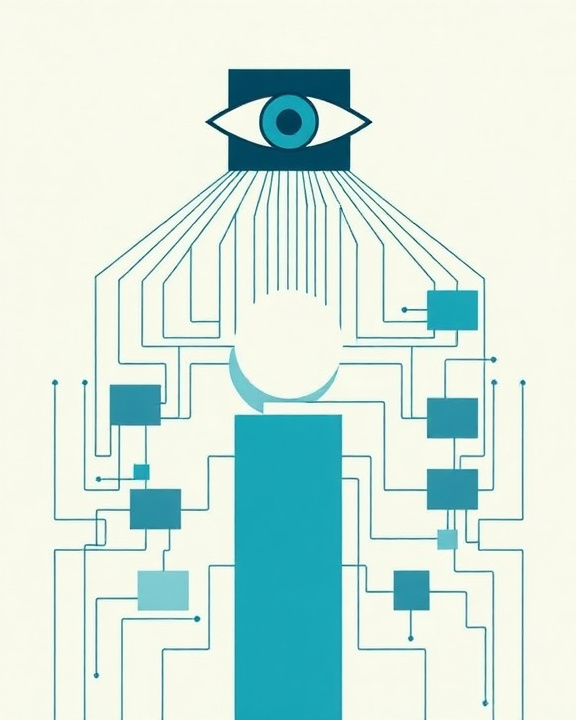An artistic representation inspired by neoplasticism and constructivism, featuring pure geometric shapes with a focus on vertical and horizontal lines. In the center, a stylized human figure composed of geometric blocks with an empty circle for a head symbolizing the mind and emotions. Thin blue lines radiate from the head towards surrounding gray and cyan rectangles representing algorithms. These are connected to a larger dark blue cubic shape symbolizing control. A stylized eye observes from a geometric grid, symbolizing surveillance.
