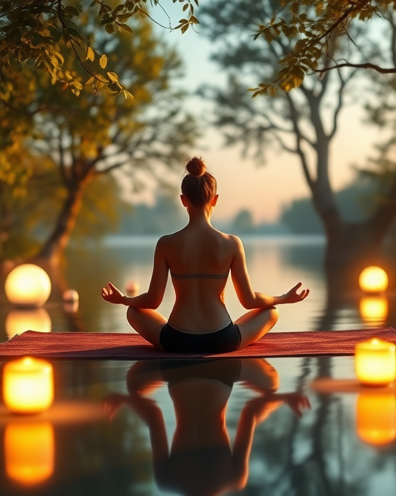 A serene scene of mindfulness practice with a person meditating in a tranquil setting.